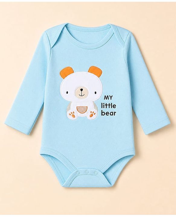 Babyhug 100% Cotton Interlock Knit Full Sleeves Animal Printed Onesies with Leggings & Cap Mittens and Booties - Light Blue