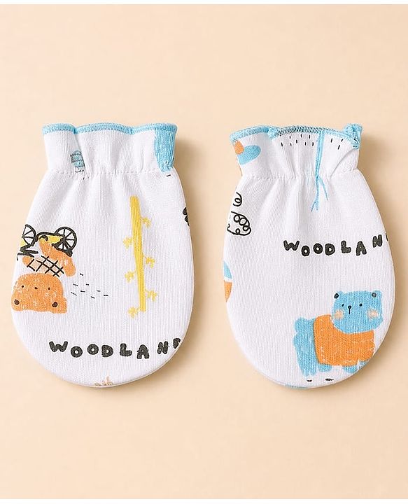 Babyhug 100% Cotton Interlock Knit Full Sleeves Animal Printed Onesies with Leggings & Cap Mittens and Booties - Light Blue