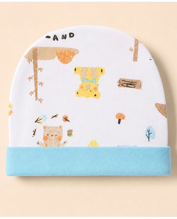 Babyhug 100% Cotton Interlock Knit Full Sleeves Animal Printed Onesies with Leggings & Cap Mittens and Booties - Light Blue