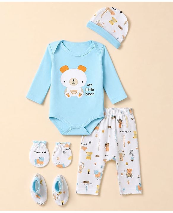Babyhug 100% Cotton Interlock Knit Full Sleeves Animal Printed Onesies with Leggings & Cap Mittens and Booties - Light Blue