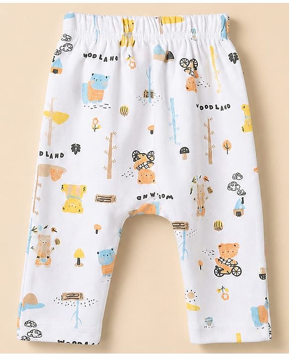 Babyhug 100% Cotton Interlock Knit Full Sleeves Animal Printed Onesies with Leggings & Cap Mittens and Booties - Light Blue