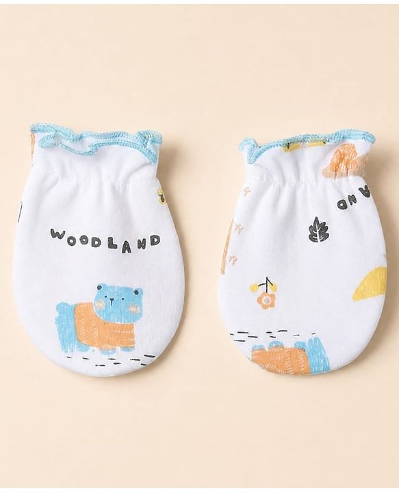 Babyhug 100% Cotton Interlock Knit Full Sleeves Animal Printed Onesies with Leggings & Cap Mittens and Booties - Light Blue