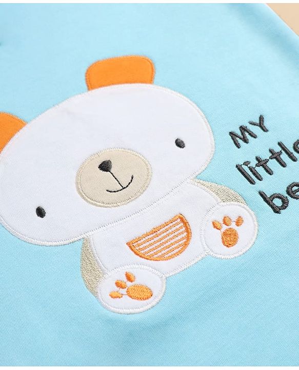Babyhug 100% Cotton Interlock Knit Full Sleeves Animal Printed Onesies with Leggings & Cap Mittens and Booties - Light Blue