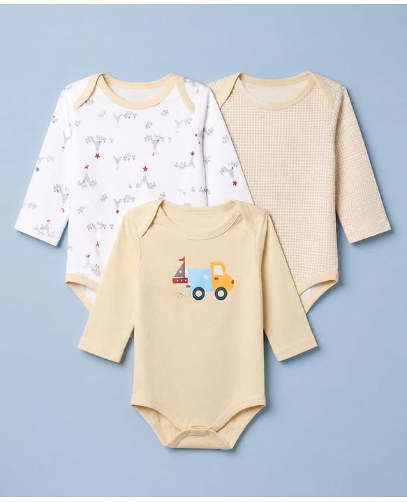 Babyhug 100% Cotton Interlock Knit Onesies With Full Sleeves and Truck Print Pack of 3 - Beige