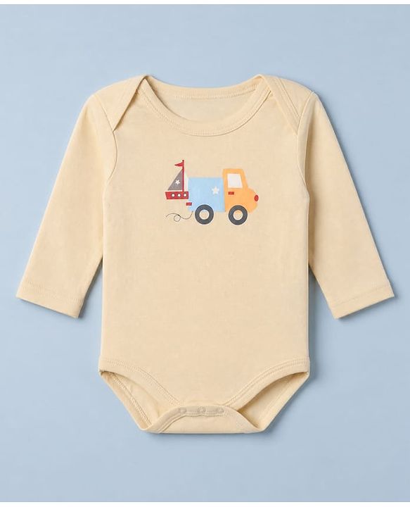 Babyhug 100% Cotton Interlock Knit Onesies With Full Sleeves and Truck Print Pack of 3 - Beige