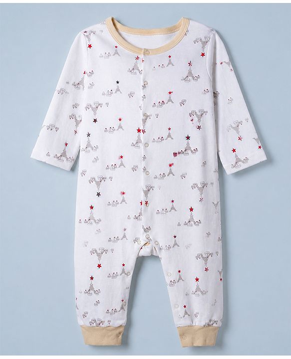 Babyhug 100% Cotton Interlock Knit Full Sleeves Rompers with Eiffel Tower Boat Print & Checks Pack of 2 - White & Cream
