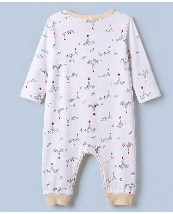 Babyhug 100% Cotton Interlock Knit Full Sleeves Rompers with Eiffel Tower Boat Print & Checks Pack of 2 - White & Cream