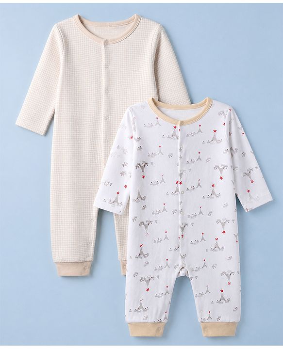 Babyhug 100% Cotton Interlock Knit Full Sleeves Rompers with Eiffel Tower Boat Print & Checks Pack of 2 - White & Cream