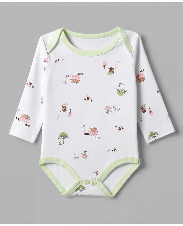 Babyhug 100% Cotton Interlock Knit Full Sleeves Onesies With House Print & Animal Patch Pack of 3 - White, Orange & Light Green