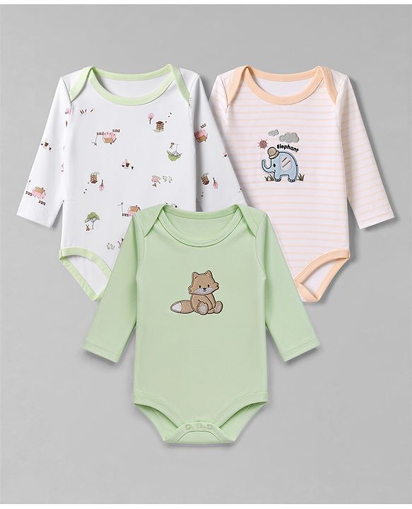 Babyhug 100% Cotton Interlock Knit Full Sleeves Onesies With House Print & Animal Patch Pack of 3 - White, Orange & Light Green