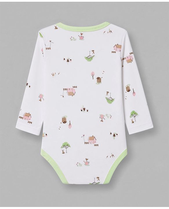 Babyhug 100% Cotton Interlock Knit Full Sleeves Onesies With House Print & Animal Patch Pack of 3 - White, Orange & Light Green