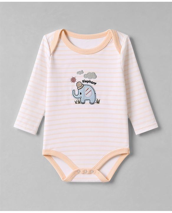 Babyhug 100% Cotton Interlock Knit Full Sleeves Onesies With House Print & Animal Patch Pack of 3 - White, Orange & Light Green