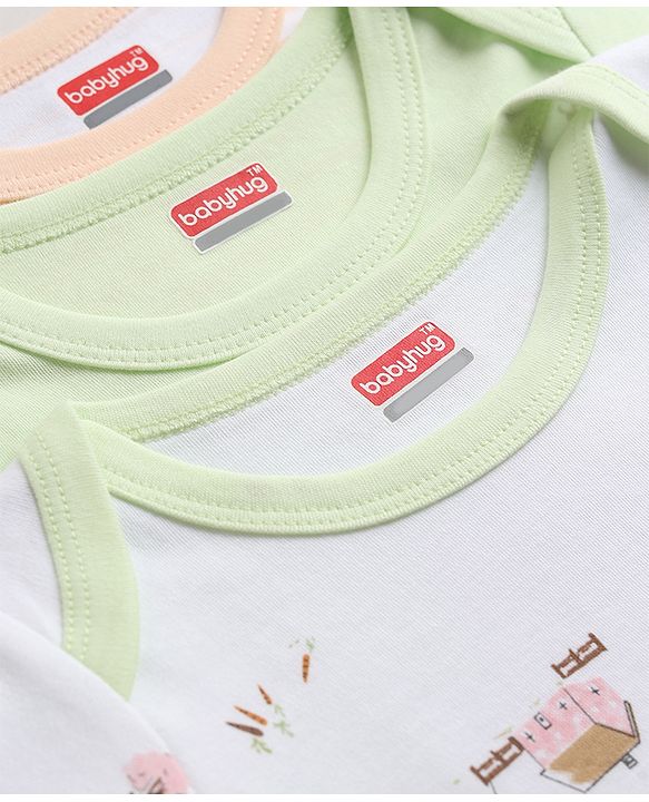 Babyhug 100% Cotton Interlock Knit Full Sleeves Onesies With House Print & Animal Patch Pack of 3 - White, Orange & Light Green