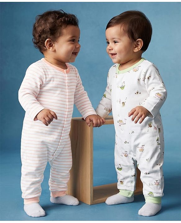 Babyhug 100% Cotton Knit Full Sleeves Striped & House Printed Rompers Pack Of 2 - White & Peach