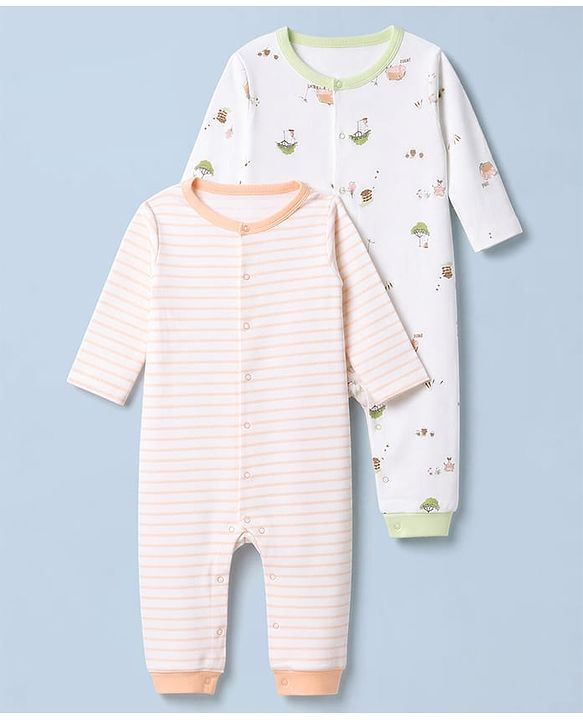 Babyhug 100% Cotton Knit Full Sleeves Striped & House Printed Rompers Pack Of 2 - White & Peach