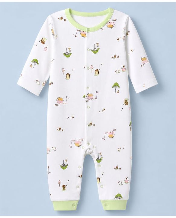 Babyhug 100% Cotton Knit Full Sleeves Striped & House Printed Rompers Pack Of 2 - White & Peach