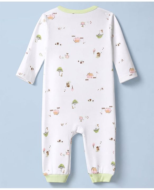 Babyhug 100% Cotton Knit Full Sleeves Striped & House Printed Rompers Pack Of 2 - White & Peach
