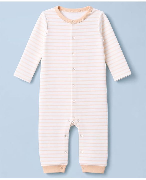 Babyhug 100% Cotton Knit Full Sleeves Striped & House Printed Rompers Pack Of 2 - White & Peach