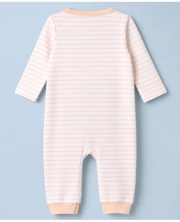Babyhug 100% Cotton Knit Full Sleeves Striped & House Printed Rompers Pack Of 2 - White & Peach