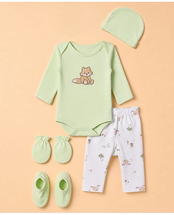 Babyhug 100% Cotton Interlock Knit Full Sleeves Fox Printed Onesies with Leggings & Cap Mittens and Booties - Light Green
