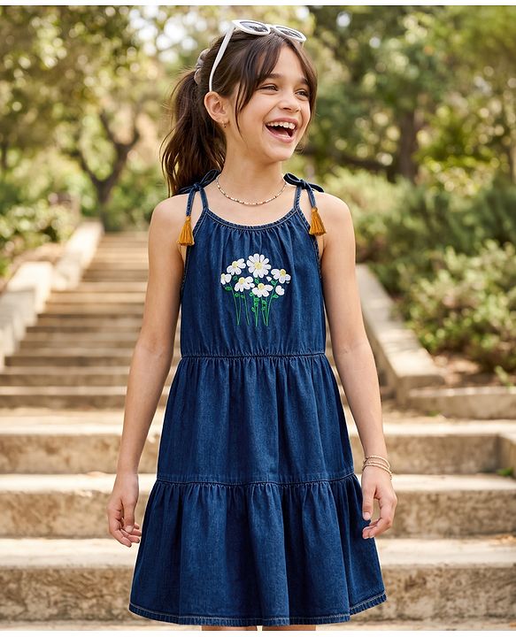 Pine Kids Cotton Woven One Piece Dresses/Frocks with Tassels Navy Blue 4-5 Years