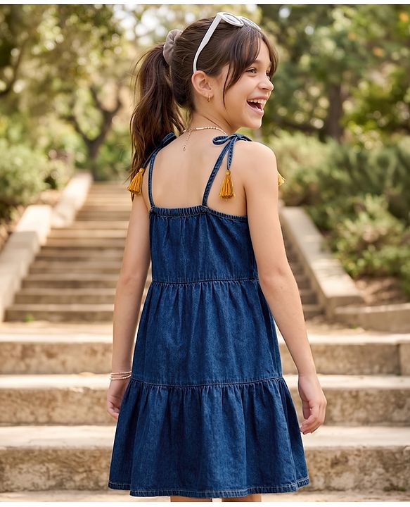 Pine Kids Cotton Woven One Piece Dresses/Frocks with Tassels Navy Blue 4-5 Years