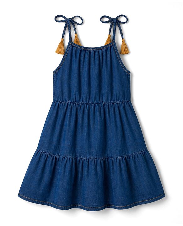 Pine Kids Cotton Woven One Piece Dresses/Frocks with Tassels Navy Blue 4-5 Years