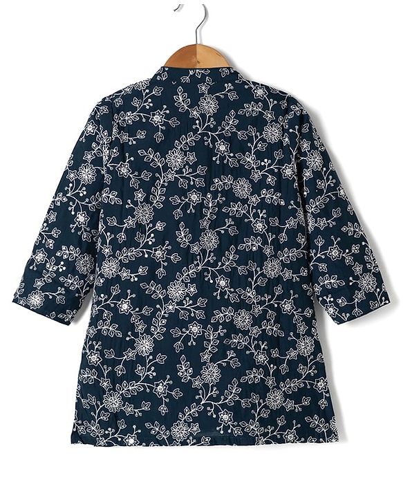 Babyhug Georgette Woven Full Sleeves Floral Embroidered Kurta & Pyjama Set - Navy Blue