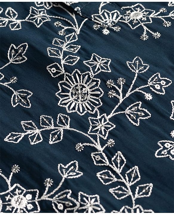 Babyhug Georgette Woven Full Sleeves Floral Embroidered Kurta & Pyjama Set - Navy Blue