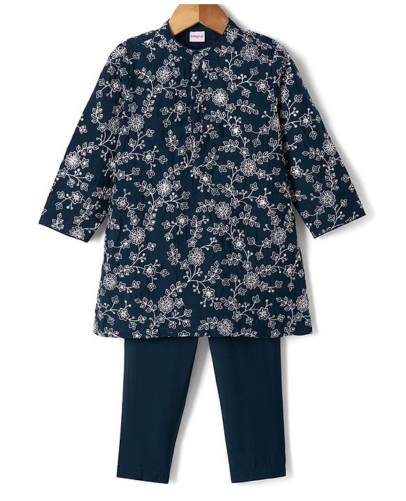 Babyhug Georgette Woven Full Sleeves Floral Embroidered Kurta & Pyjama Set - Navy Blue