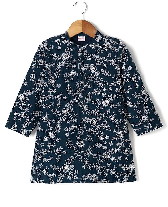 Babyhug Georgette Woven Full Sleeves Floral Embroidered Kurta & Pyjama Set - Navy Blue