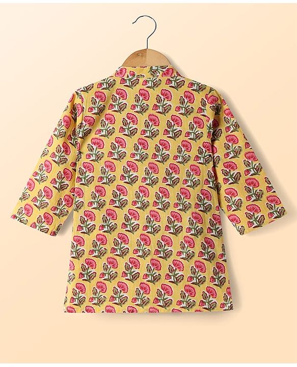Babyhug Cambric Woven Full Sleeves Kurta Dhoti Set with Floral Print - Yellow