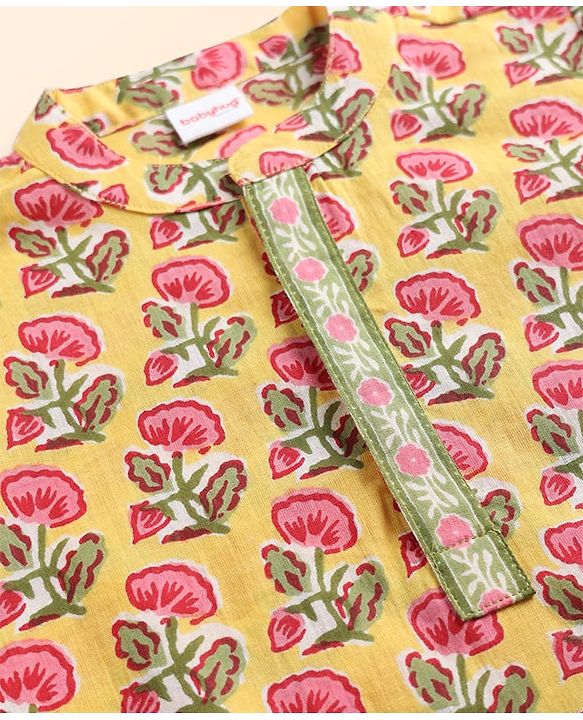 Babyhug Cambric Woven Full Sleeves Kurta Dhoti Set with Floral Print - Yellow
