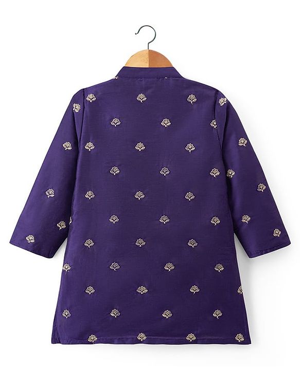 Babyhug Cotton Blend Woven Full Sleeves Kurta Dhoti Set with Floral Embroidery - Purple