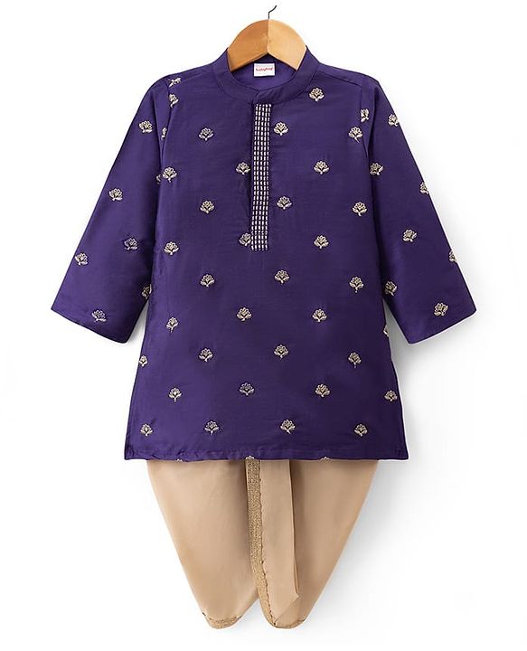 Babyhug Cotton Blend Woven Full Sleeves Kurta Dhoti Set with Floral Embroidery - Purple