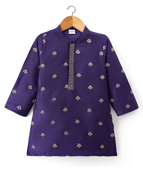 Babyhug Cotton Blend Woven Full Sleeves Kurta Dhoti Set with Floral Embroidery - Purple