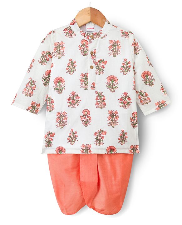 Babyhug Cambric Woven Full Sleeves Floral Printed Kurta & Dhoti Set - White