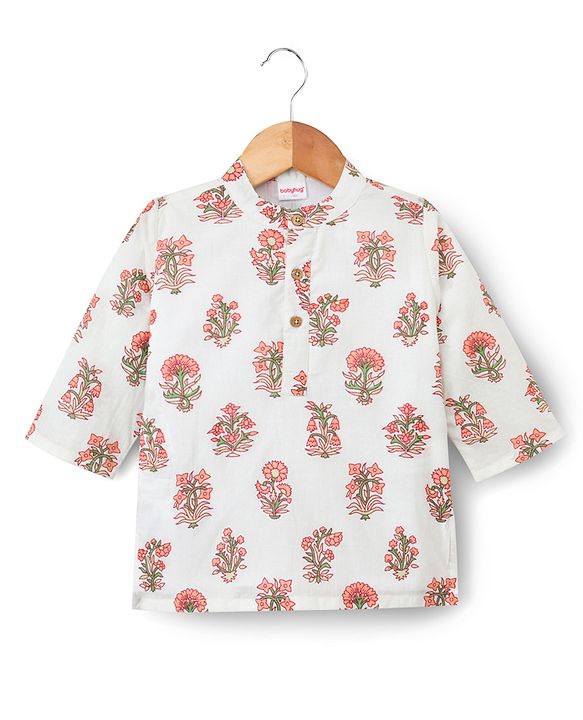 Babyhug Cambric Woven Full Sleeves Floral Printed Kurta & Dhoti Set - White