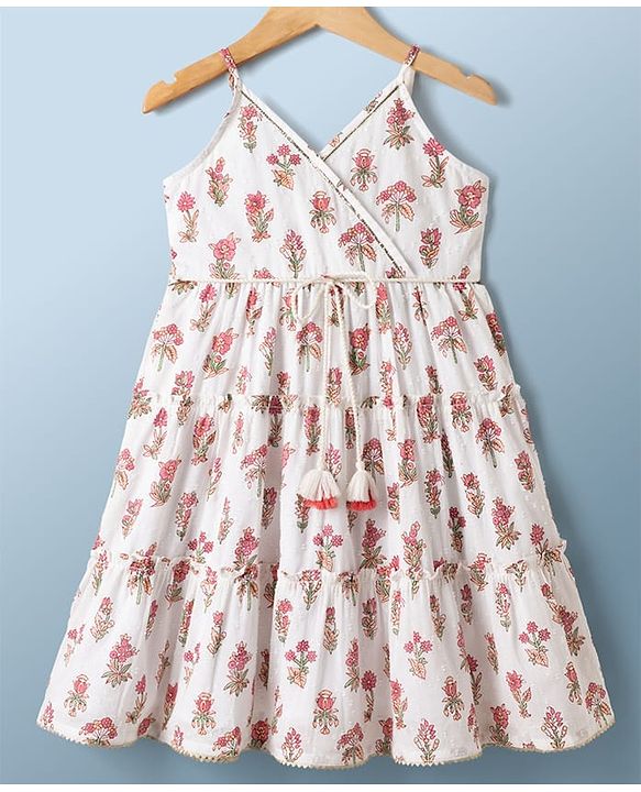 Babyhug Cambric Woven Sleeveless Floral Printed Ethnic Dress - White