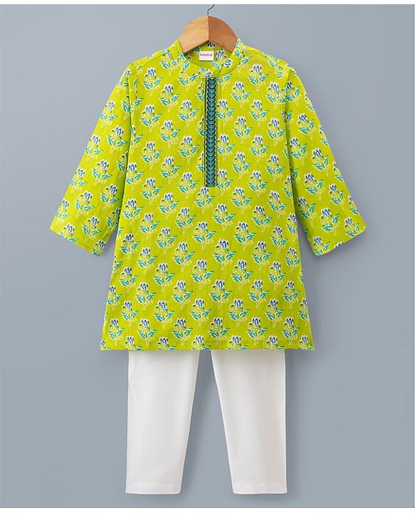 Babyhug Cambric Woven Full Sleeves Kurta Pyjama Set with Floral Print - Green