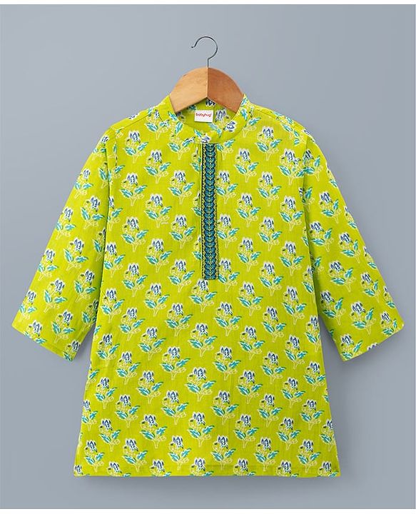 Babyhug Cambric Woven Full Sleeves Kurta Pyjama Set with Floral Print - Green