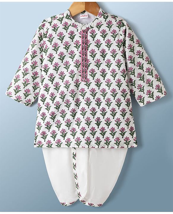 Babyhug Cambric Woven Full Sleeves Floral Printed Kurta & Dhoti Set - White