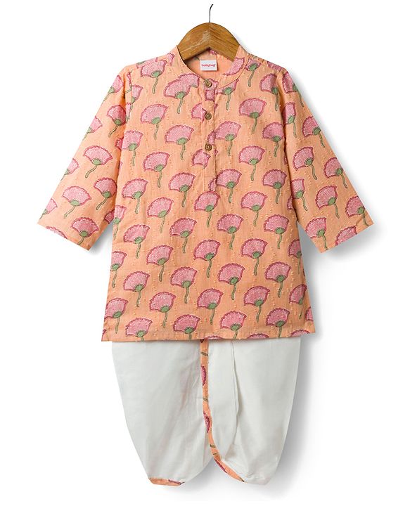 Babyhug 100% Cotton Cambric Woven Full Sleeves Floral Printed Kurta & Dhoti Set - Peach