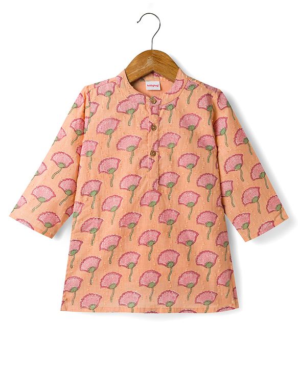 Babyhug 100% Cotton Cambric Woven Full Sleeves Floral Printed Kurta & Dhoti Set - Peach