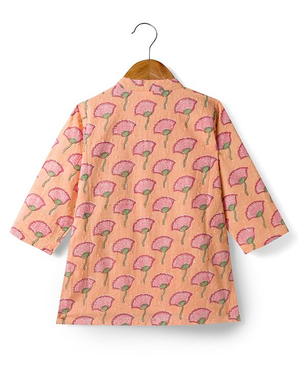 Babyhug 100% Cotton Cambric Woven Full Sleeves Floral Printed Kurta & Dhoti Set - Peach
