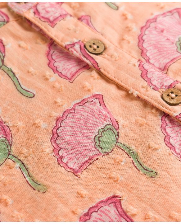 Babyhug 100% Cotton Cambric Woven Full Sleeves Floral Printed Kurta & Dhoti Set - Peach