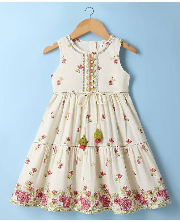 Babyhug Cambric Woven Sleeveless Ethnic Dress with Floral Print - White