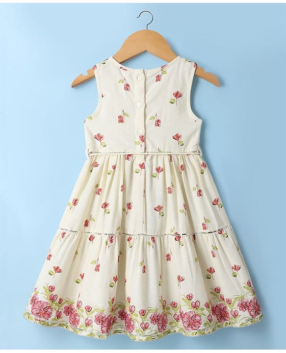 Babyhug Cambric Woven Sleeveless Ethnic Dress with Floral Print - White