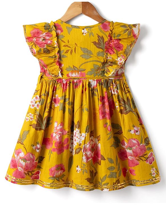 Babyhug Cambric Woven Sleeveless Floral Printed Ethnic Dress - Mustard