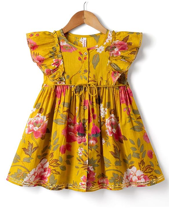 Babyhug Cambric Woven Sleeveless Floral Printed Ethnic Dress - Mustard